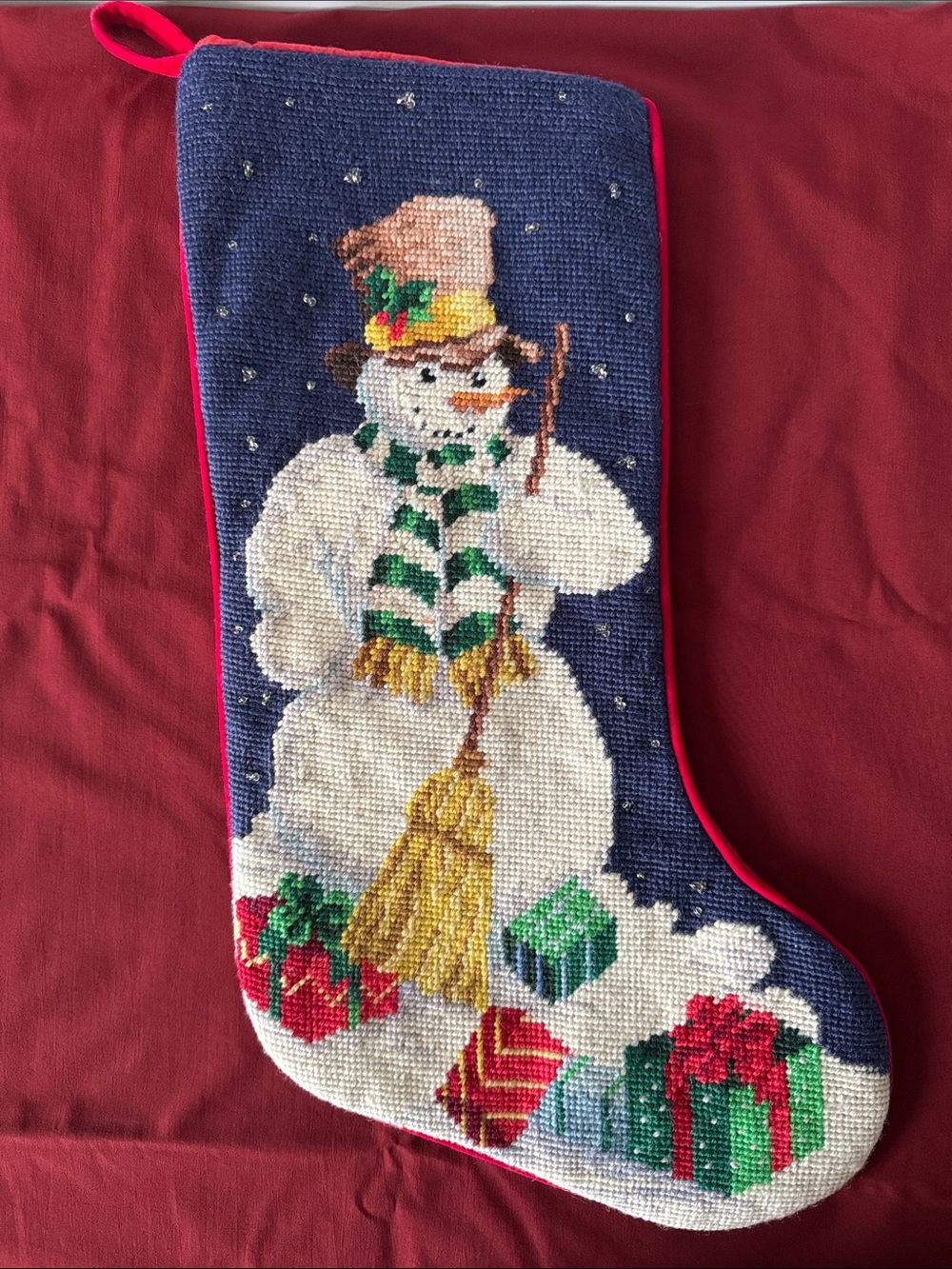 Holiday Snowman Needlepoint Stocking - Navy, White, Green, Red